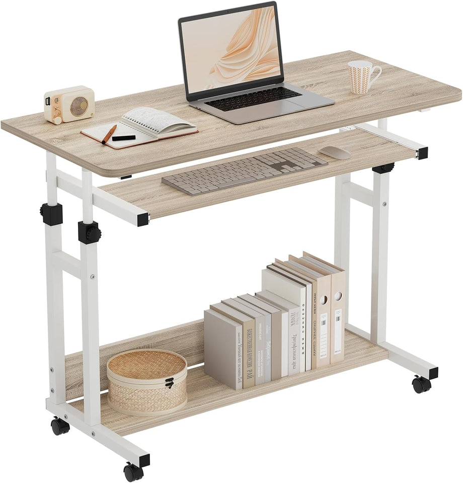 Dripex Computer Desk Mobile, Portable Office Desk with Movable Wheels, Height Adjustable Study Desk, Home Office Desk with Keyboard Tray and Shelf for Small Spaces