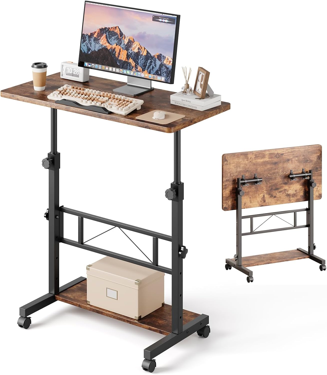 Height Adjustable Standing Desk Tiltable Top Mobile Stand Up Desk Wheels 80x40cm Small Rolling Table Office Walking Pad Treadmill