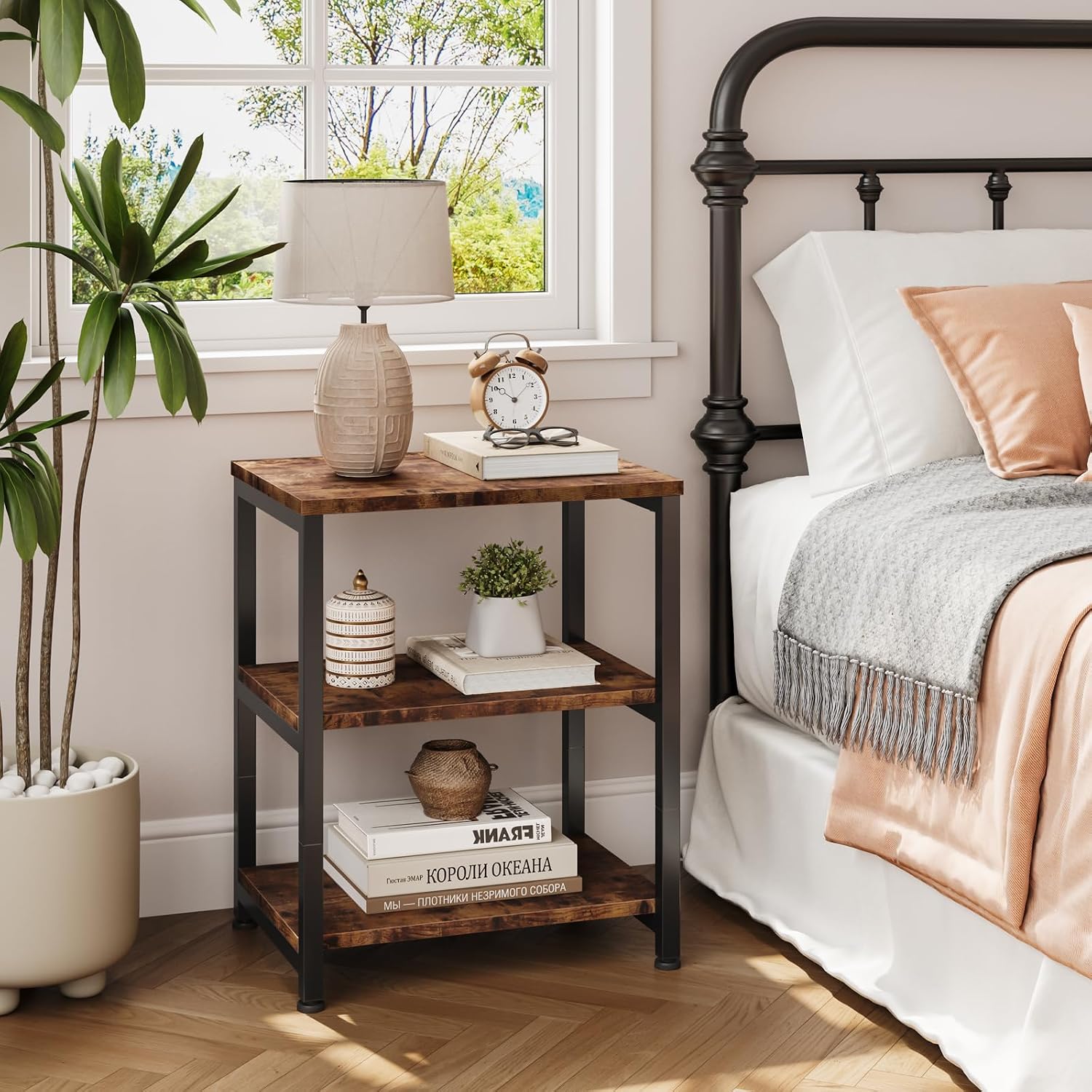Living Room End Table 3 Tier Wooden Narrow Nightstand Bedside Table Steel Frame Slim Coffee Table Small Spaces Storage Sofa Side Table Bedroom or Office