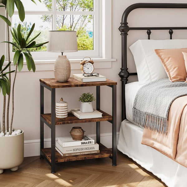 Dripex Living Room End Table, 3-Tier Wooden Narrow Nightstand, Bedside Table with Steel Frame, Slim Coffee Table Small Spaces, Storage Sofa Side Table for Bedroom or Office