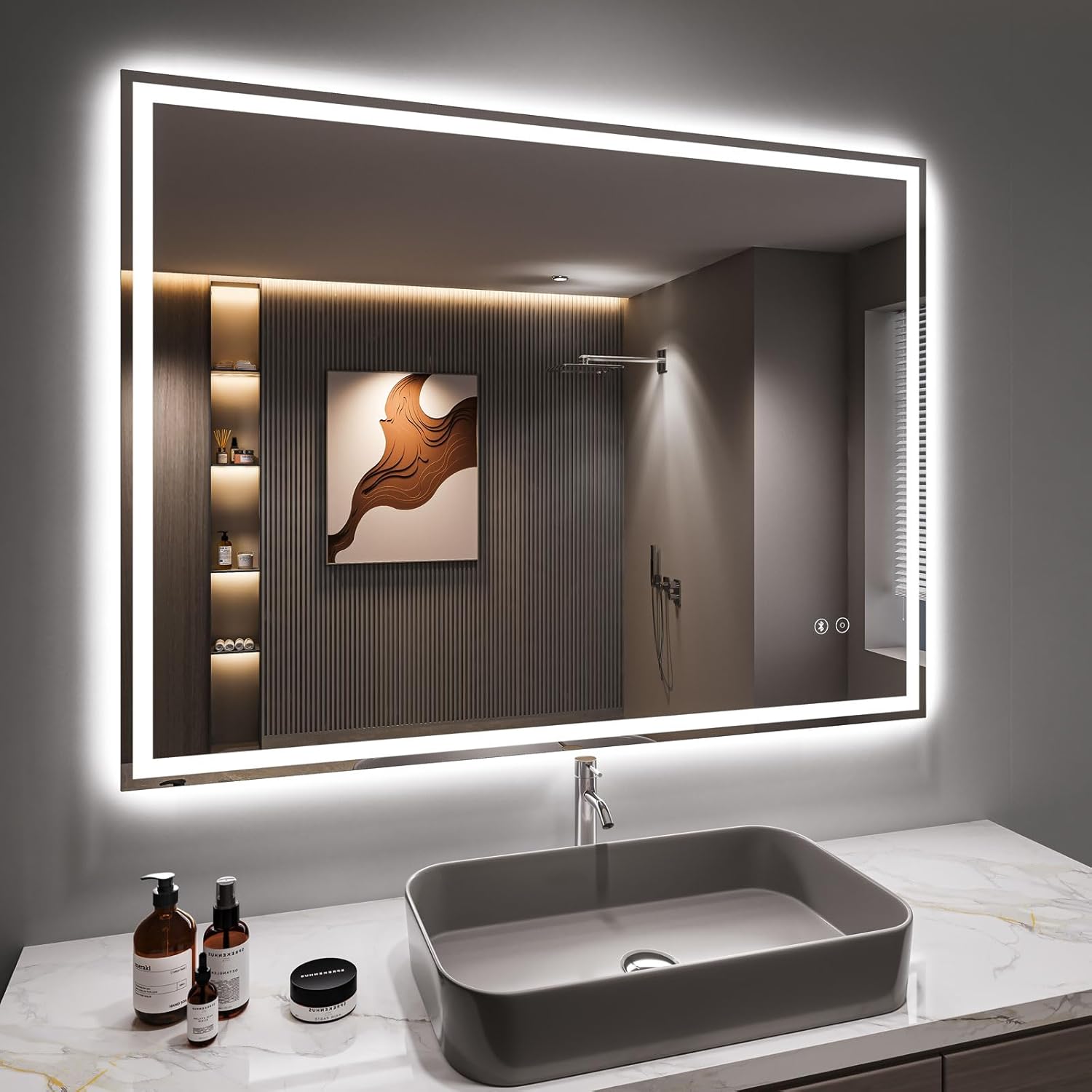Bluetooth LED Bathroom Mirror Shaver Socket Dimmable 3 Colors Illuminated Backlit Wall Mounted Bathroom Mirrors Anti fog Vanity Mirror Horizontal Vertical