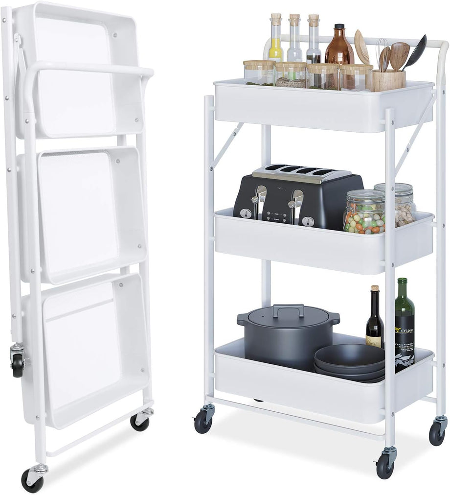 Dripex Foldable Storage Trolley Cart, 3-Tier Metal Rolling Organizer Cart with Casters, Mobile Utility Service Cart for Kitchen Bathroom Office Laundry