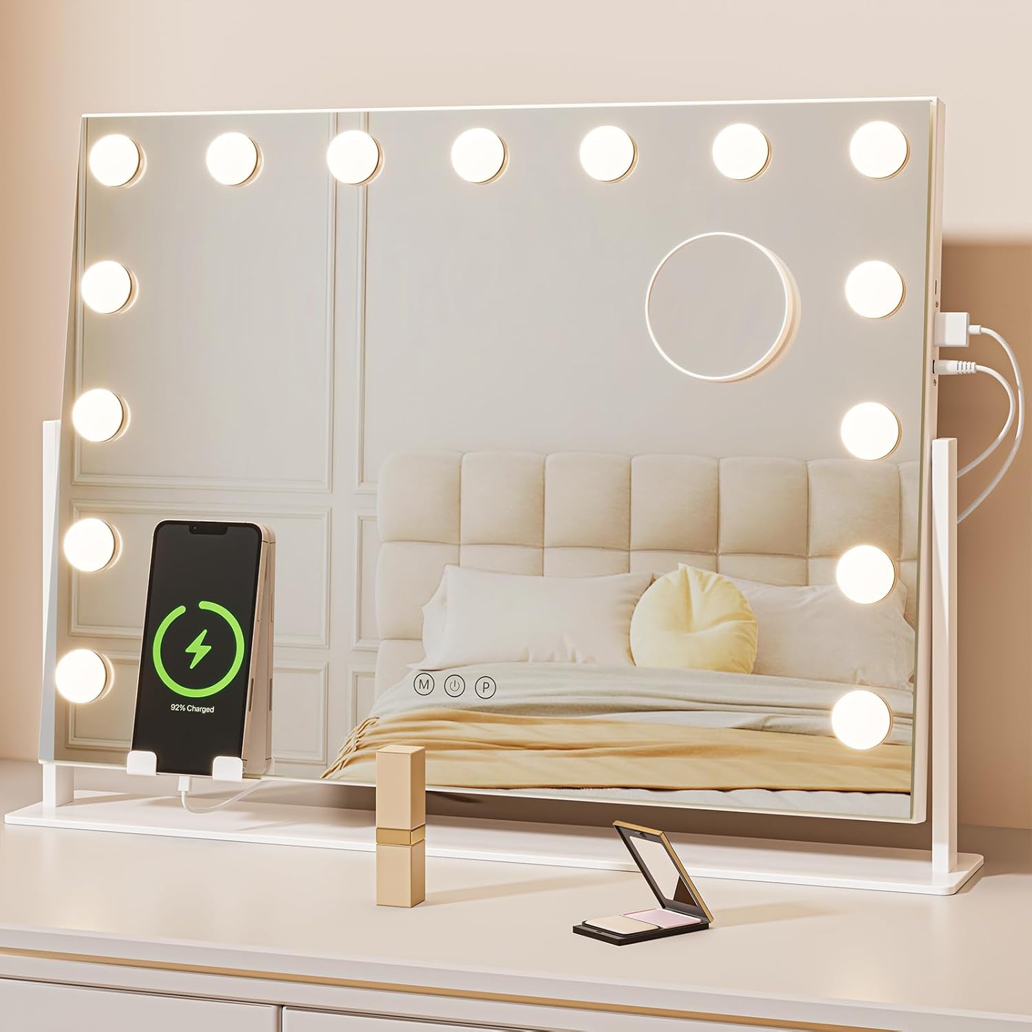 14 15 Dimmable LED Bulbs Rotatable Hollywood Vanity Mirror Lights Large Illuminated Makeup Mirror 3 Lighting Modes Phone Holder Titing Hollywood Mirror Bedroom