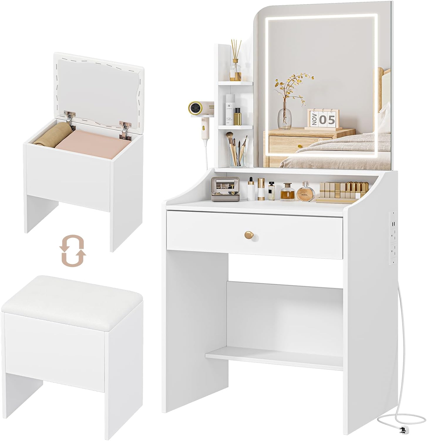 Dressing Table Set LED Lighting Mirror Without Power Outlet 3 Light Colors Adjustable Brightness Vanity Table Stool Wooden Drawer Storage Shelves Compact Makeup Desk