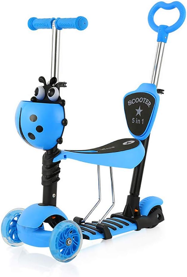 Dripex 5-in-1 Kids Scooter Toddler Scooter with Flashing Led Light Up Wheels 3 Wheels Kick Scooter with Adjustable Handlebar Removable Seat and Push Handle