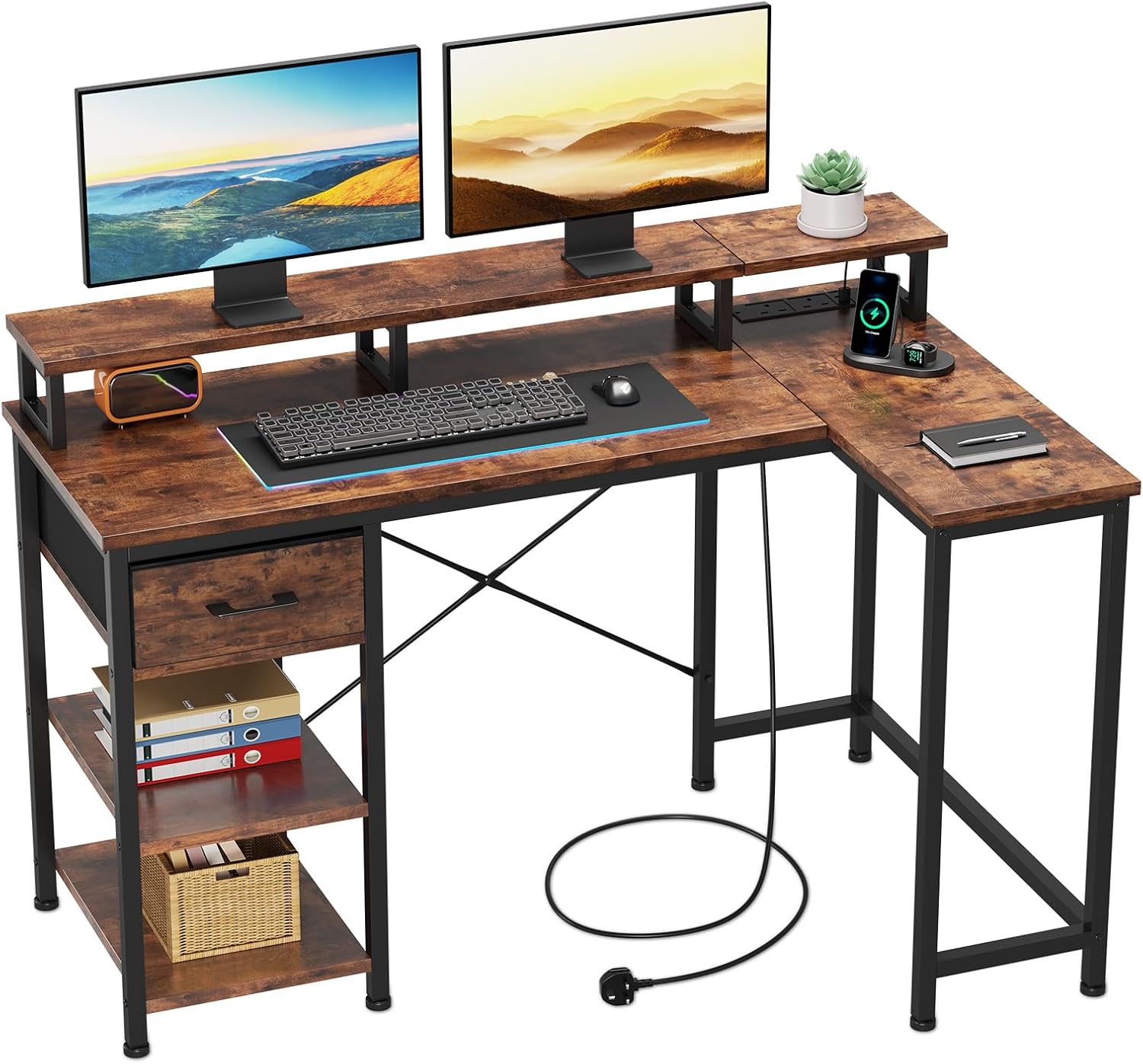 L Shaped Desk Power Outlet Corner Computer Desk Storage Shelves &amp Fabric Drawer Study Writing Table Gaming Desk Home Office L120 x W80 x H88cm