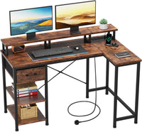 Dripex L Shaped Desk with Power Outlet Corner Computer Desk with Storage Shelves & Fabric Drawer, Study Writing Table Gaming Desk for Home Office L120 x W80 x H88cm