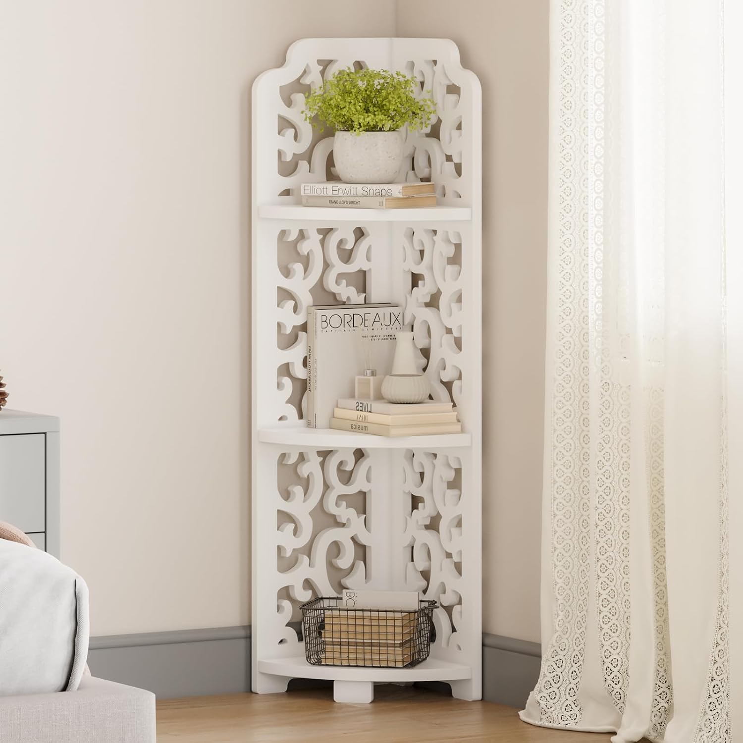 3 Tier 4 Tier Baroque Corner Shelf Narrow Bathroom Shelves Small Space Floor Standing Storage Display Rack Living Room Bedroom or Home