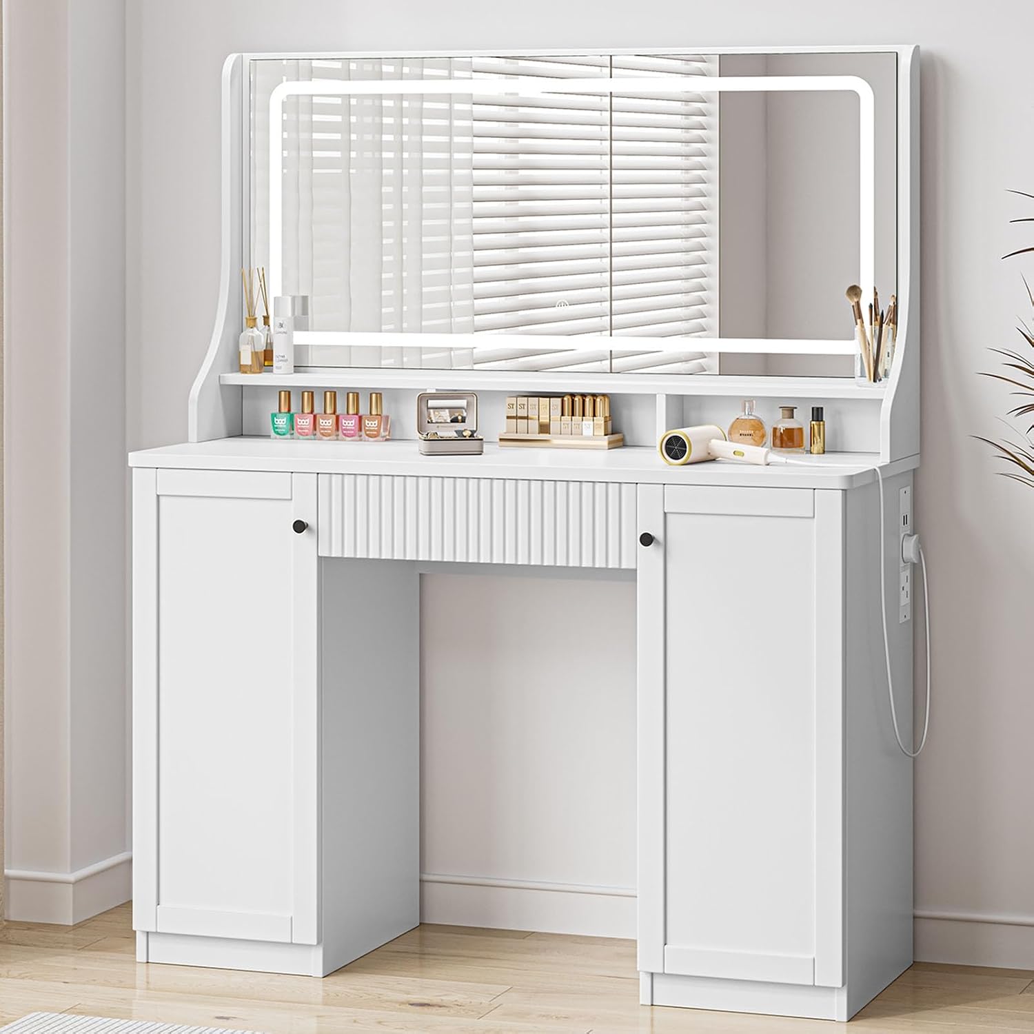 Dressing Table Large Mirror LED Lights Bedroom Makeup Vanity Desk Power Strip 3 Dimmable Lights 1 Drawer 2 Cabinets 3 Open Compartments 110 x 40 x 135cm