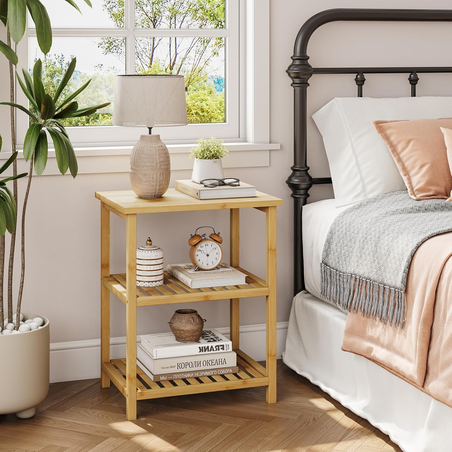 Bamboo Living Room End Table 3 Tier Narrow Nightstand Bedside Table Slim Coffee Table Small Spaces Storage Sofa Side Table Bedroom or Office