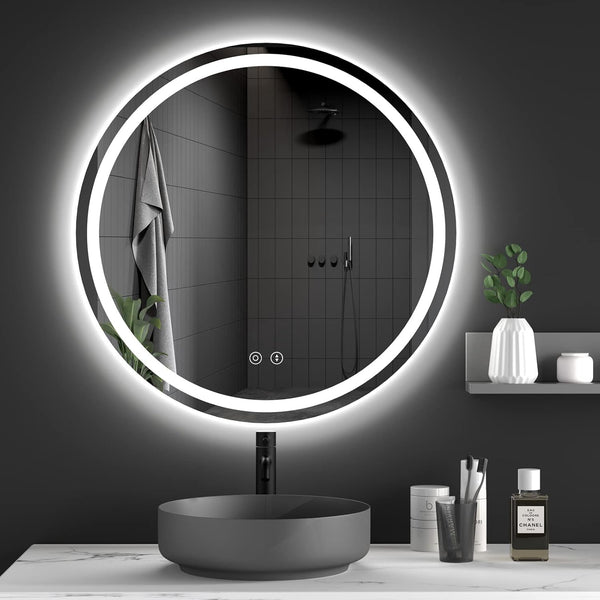 Dripex Round LED Bathroom Mirror, Illuminated Circle Makeup Vanity Mirror with Demister Pad, Anti-fog, 3 Lighting Modes, Dimmable, Wall Mounted, Front+Backlit, IP44