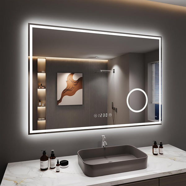 Dripex 700 * 1000 MM LED Bathroom Mirror with Shaver Socket Magnifying and Clock, Dimmable 3 Colors Illuminated Backlit Wall Mounted Bathroom Mirrors Anti-fog Vanity Mirror, Horizontal Only