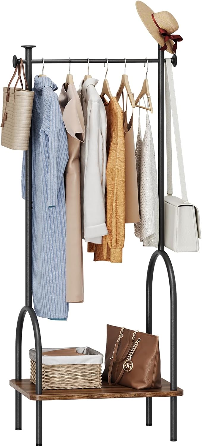 Dripex Clothes Rail, Hall Tree, Freestanding Coat Rack with Wooden Storage Shelf, 4 Hooks, Compact Clothes Organiser Garment Stand for Home Hallway Bedroom W51 x D39 x H157cm