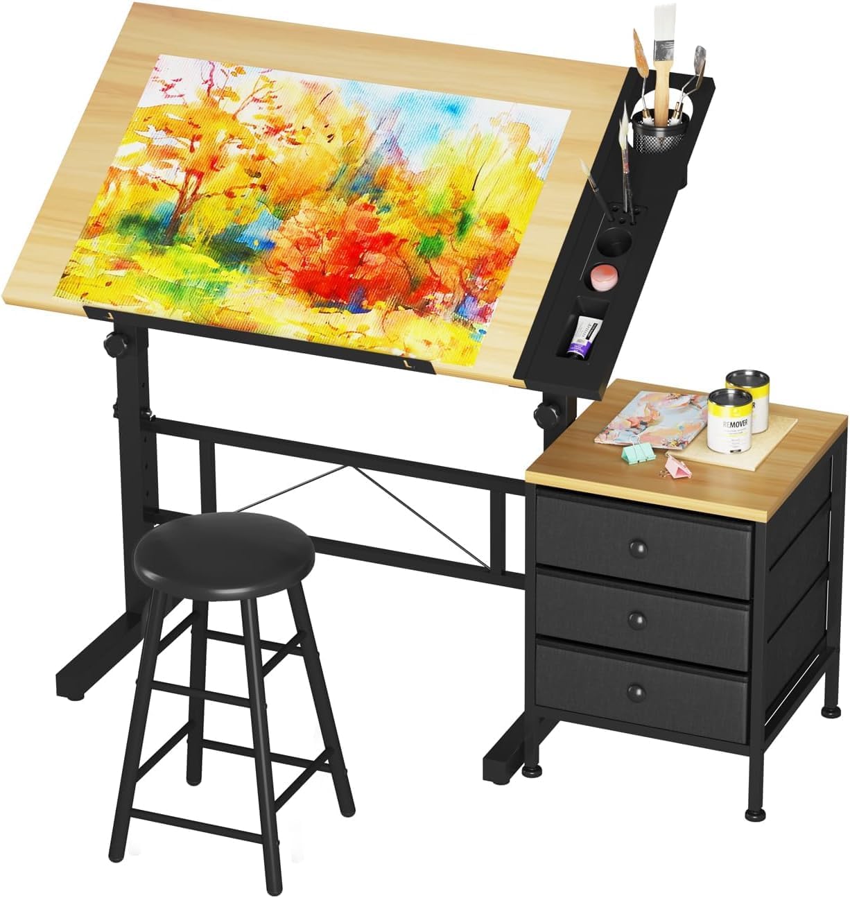 Adjustable Drafting Table Tiltable Drawing Table Stool Art Craft Desk Storage Drawers Artwork Computer Desk Reading Writing Working at Home Office