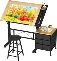 Dripex Adjustable Drafting Table, Tiltable Drawing Table with Stool, Art Craft Desk with Storage Drawers for Artwork, Computer Desk for Reading, Writing and Working at Home/Office