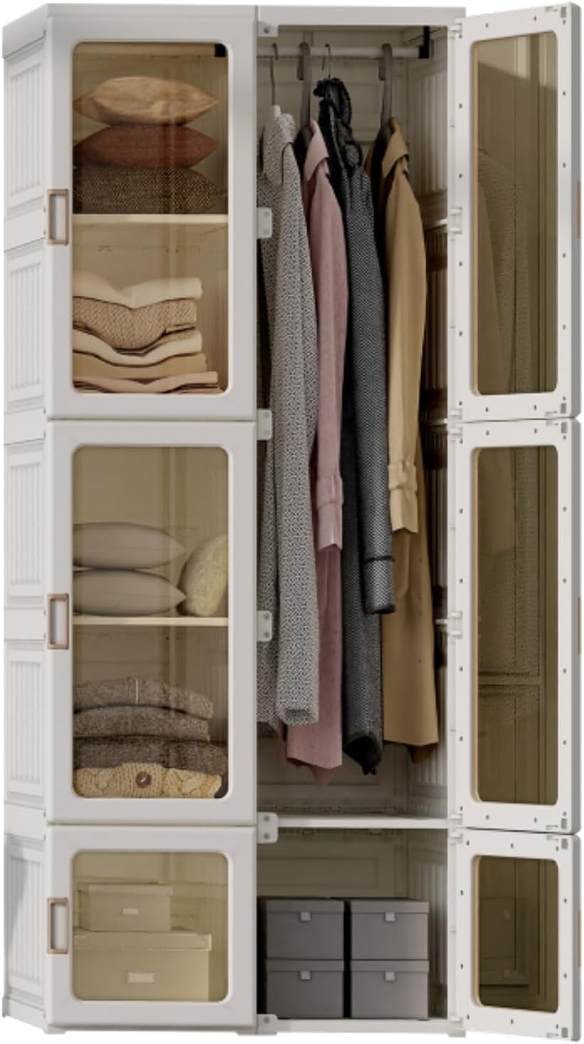 Dripex Portable Wardrobe Closet Storage Organizer Transparent Door Panels, Plastic Wardrobe with Magnetic Door, Suitable for Living Room, Bedroom, Easy Assembly