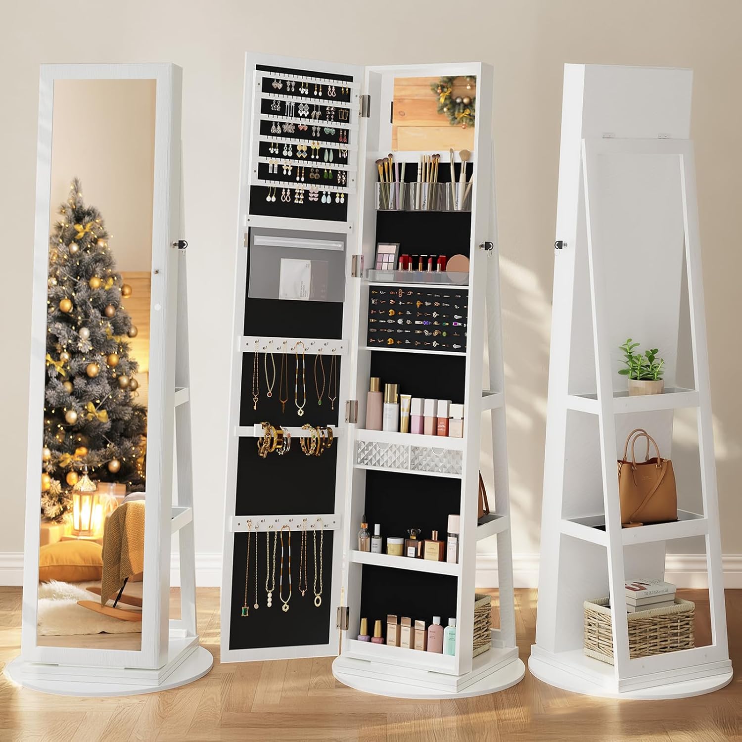 Jewelry Organiser Mirror Wardrobe 360° Swivel Jewelry Storage Lockable 3 1 Free Standing Mirror Storage Shelves
