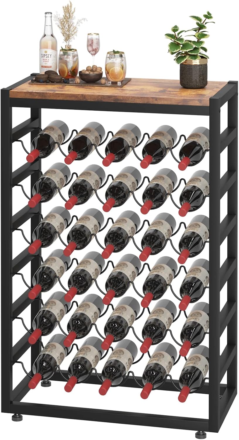 Dripex 30 Bottles Wine Rack Free Standing Floor, 6-Tier Display Wine Storage Shelves with Wooden Table Top, Sturdy Metal Bottle Holder for Kitchen Bar Pantry (L59 x W30 x H88cm)