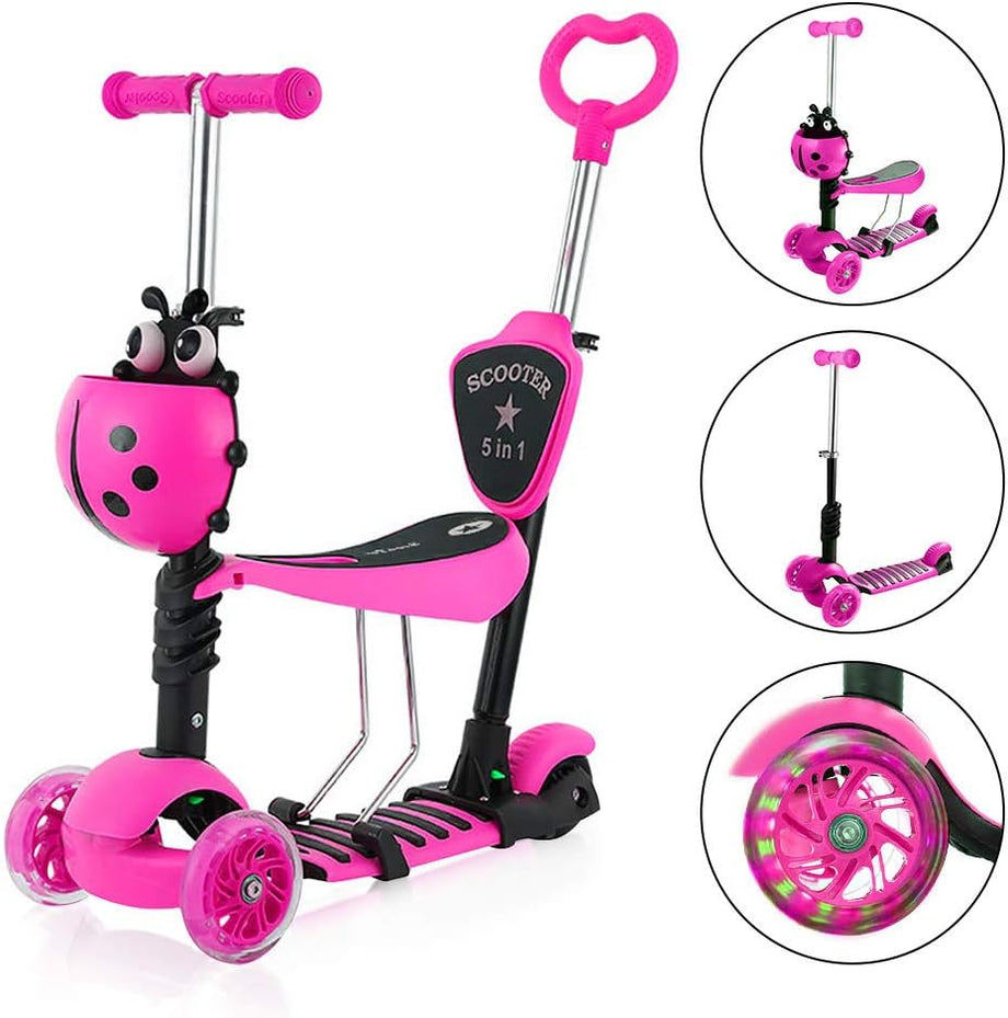 Dripex 5-in-1 Kids Scooter Toddler Scooter with Flashing Led Light Up Wheels 3 Wheels Kick Scooter with Adjustable Handlebar Removable Seat and Push Handle