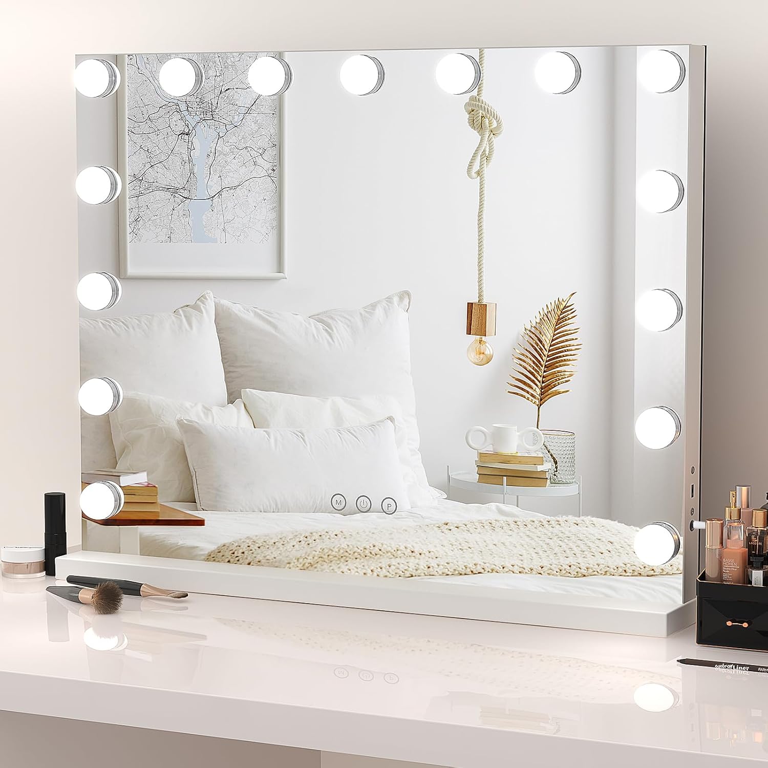 14 15 Dimmable LED Bulbs Hollywood Vanity Mirror Lights Large Lighted Makeup Mirror USB Cable Touchscreen Control Cosmetic Tabletop Mirror Bedroom Dressing Room