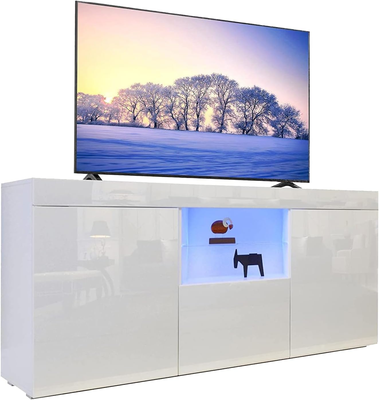 135cm LED TV Cabinet Modern Tall TV Stand Ambient lights Entertainment Unit Cupboard Storage Furniture Living Room 22” 55” TV Entire Front High Gloss White Home Office