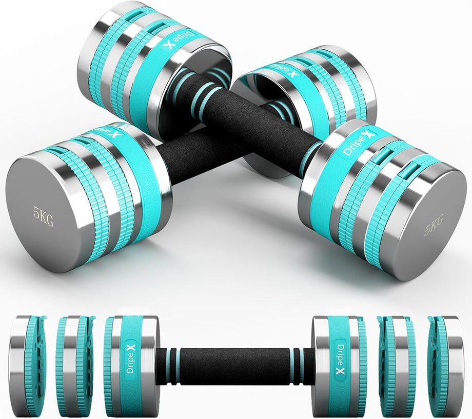 Dripex Adjustable Dumbbells Weight Set 5kg 10kg Dumbbell Pair 4-in-1 | Dumbbells Set Women Men, Sold as a Pair, Non-Slip Handle, Home Gym Fitness
