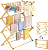 Dripex Clothes Airer, Foldable Clothes Drying Rack, Bamboo Laundry Drying Rack, Freestanding Towels Hanger, Space-Saving, Tool-Free Assembly