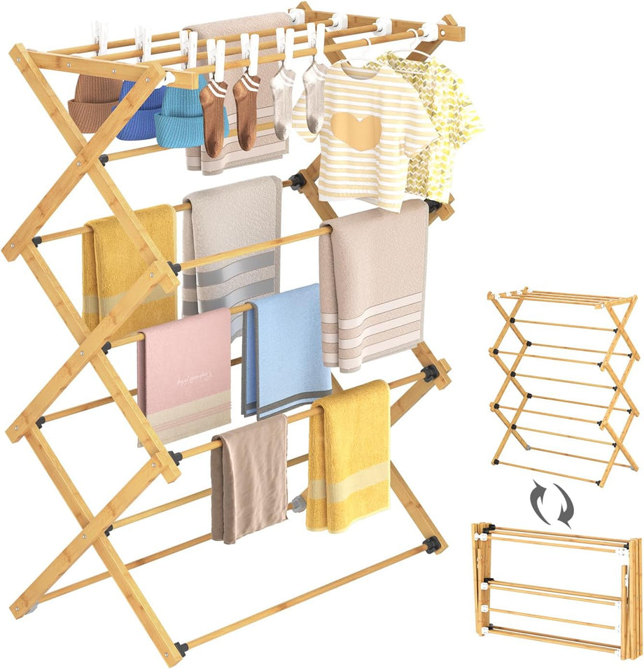 Dripex Clothes Airer, Foldable Clothes Drying Rack, Bamboo Laundry Drying Rack, Freestanding Towels Hanger, Space-Saving, Tool-Free Assembly