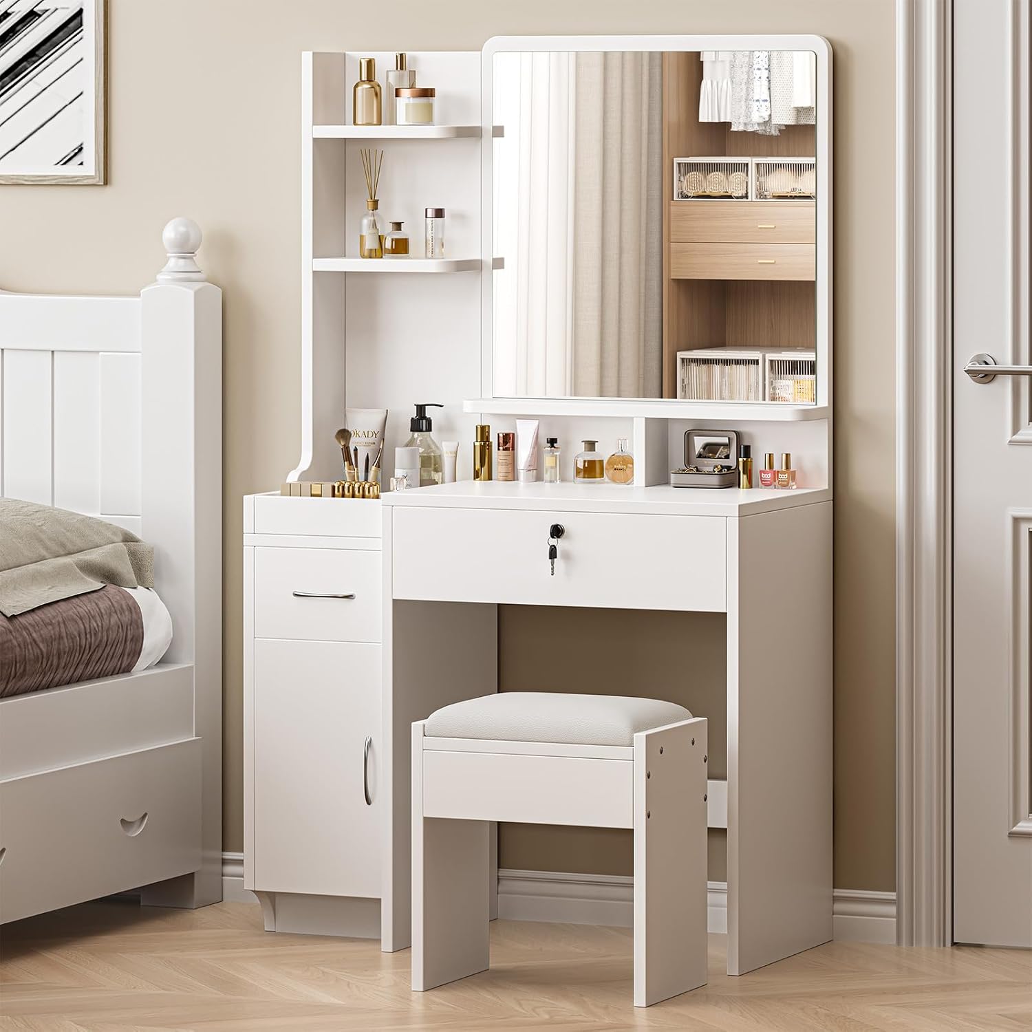 Dressing Table Large Mirror Bedroom Makeup Vanity Desk Soft Stool Vanity Desk Set 2 Drawer 1 Cabinets 6 Open Storage Compartments Bedroom