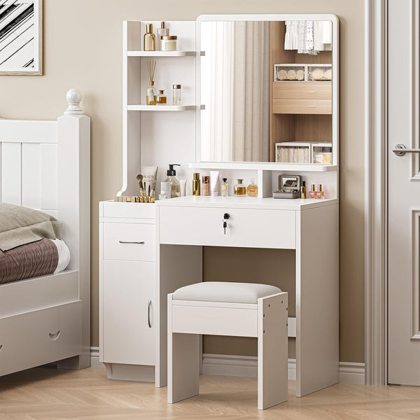 Dripex Dressing Table with Large Mirror, Bedroom Makeup Vanity Desk with Soft Stool, Vanity Desk Set with 2 Drawer, 1 Cabinets, 6 Open Storage Compartments, for Bedroom, White