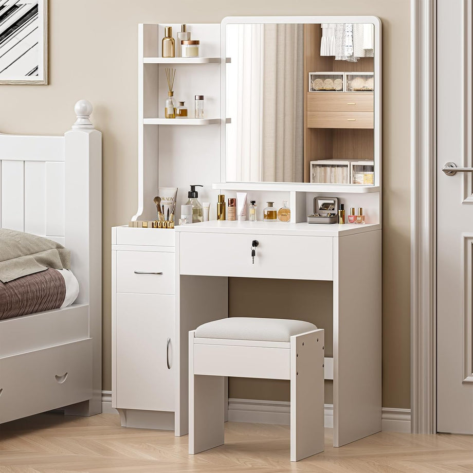 Dripex Dressing Table with Large Mirror, Bedroom Makeup Vanity Desk with Soft Stool, Vanity Desk Set with 2 Drawer, 1 Cabinets, 6 Open Storage Compartments, for Bedroom, White