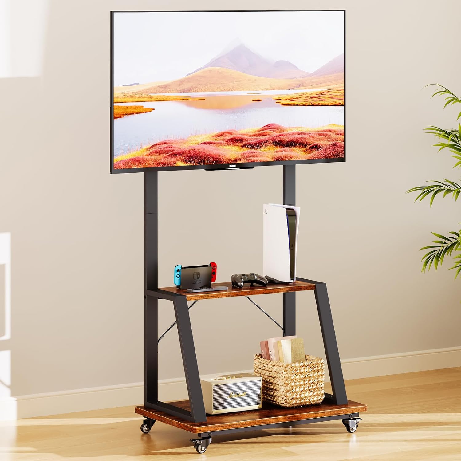 Mobile TV Stand on Wheels 32 70 Inch TVs Adjustable Height TV Cart Bracket Mount max VESA 600x500mm max 80kgs 2 Tier Storage Shelves Bedroom Living Room Home Gym