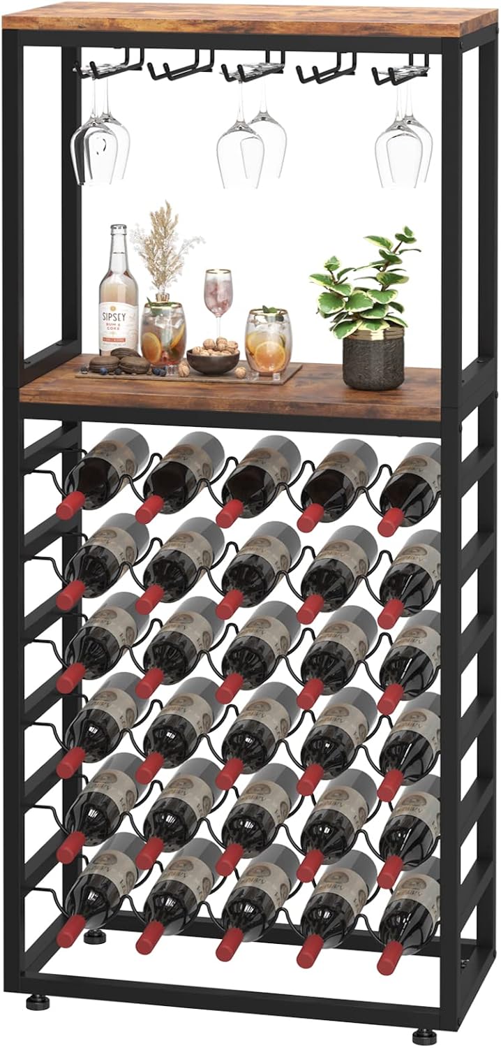 Dripex Wine Rack Free Standing Floor for Liquor and Glasses, 6-Tier Display Wine Bottles Storage Shelves with 2 Tier Wooden Shelves, Sturdy Metal Bottle Holder for Kitchen Bar Pantry