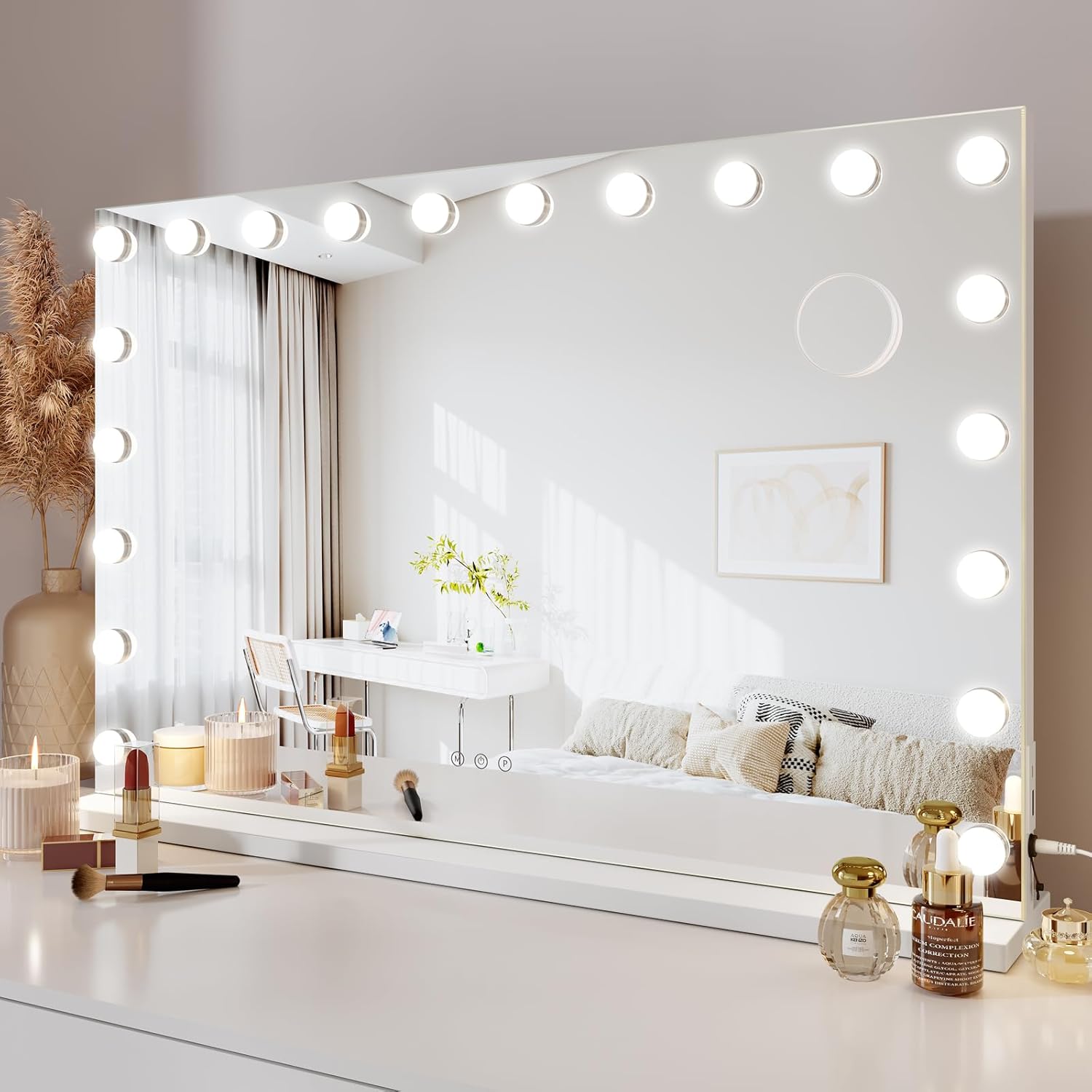 18 20 Dimmable LED Bulbs Hollywood Vanity Mirror Lights Large Makeup Mirror 3 Lighting Modes Type C USB Output Port Tabletop or Wall Mounted Light Up Mirror Bedroom