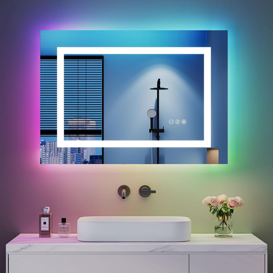 Dripex RGB Bathroom Mirror with 3 LED Lights, Illuminated Bathroom Mirrors Vanity Mirror RGB Backlit + Front Lighted, Dimmable and Demister Pad, Horizontal/Vertical