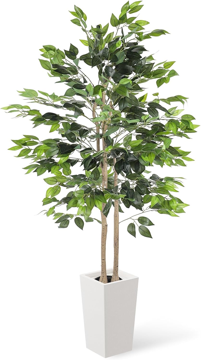 YOLEO 5FT/6FT Artificial Ficus Tree with White Tall Planter, Lifelike Fake Silk Tree Indoor, Faux Ficus Tall Plant for Living Room Bedroom Balcony Corner Office Decor
