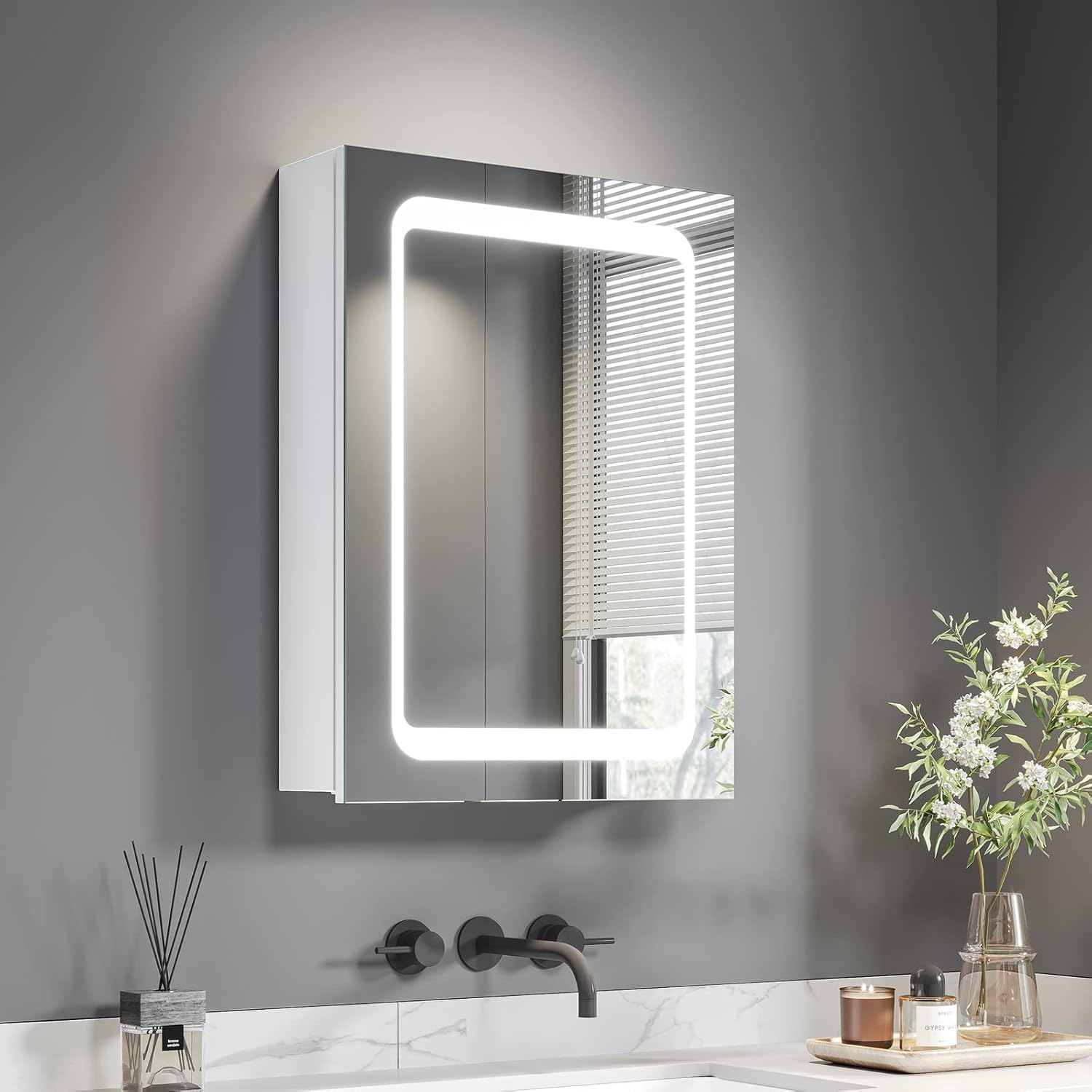 LED Bathroom Mirror Cabinet Bathroom Mirror Cabinet LED Lights Shaver Socket Demister Pad Non contact Sensor Switch White Left hinge