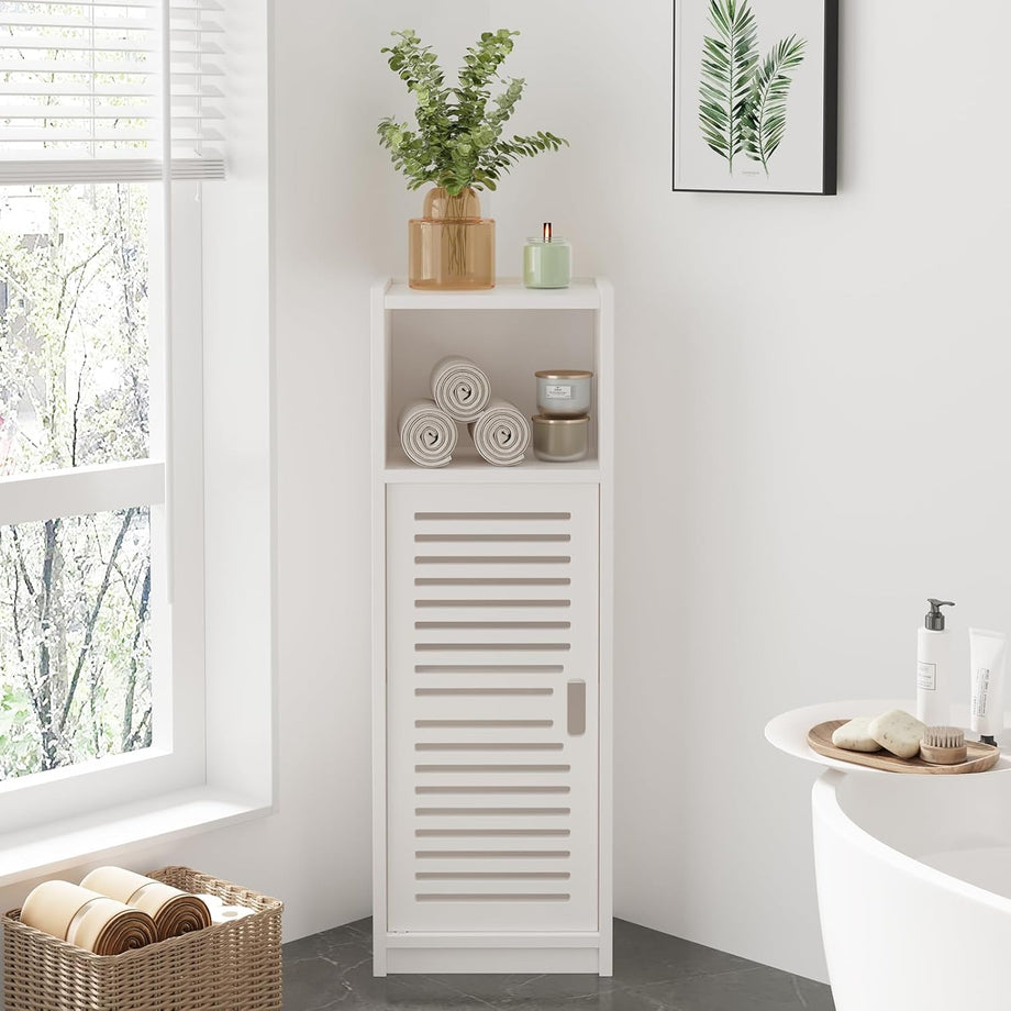 Dripex 3 Tier Bathroom Floor Cabinet, 25W x 22D x 80H cm, Free Standing Shelf Unit, White Storage Cabinet with Door for Bathroom or Bedroom (Big Door)