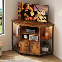 Dripex 105 x 50 x 79 cm Vintage Design TV Corner Cabinet with LED Lighting, Corner TV Unit Stand Table with 2 Doors and Shelves Entertainment Center Media Console for Living Room