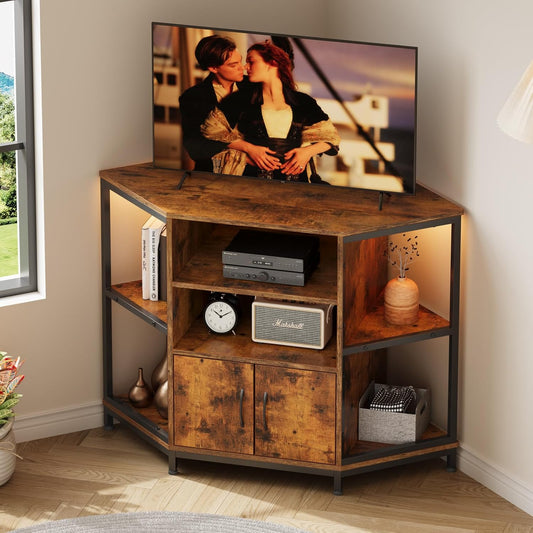 Dripex 105 x 50 x 79 cm Vintage Design TV Corner Cabinet with LED Lighting, Corner TV Unit Stand Table with 2 Doors and Shelves Entertainment Center Media Console for Living Room