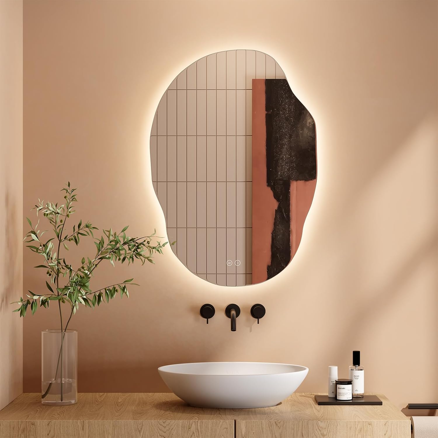 Asymmetrical LED Bathroom Mirror Lights Light up Backlit Mirror Bathroom Anti Fog Mirrors Dimmable Switch 3 Colors Horizontal Vertical [Energy Class C]