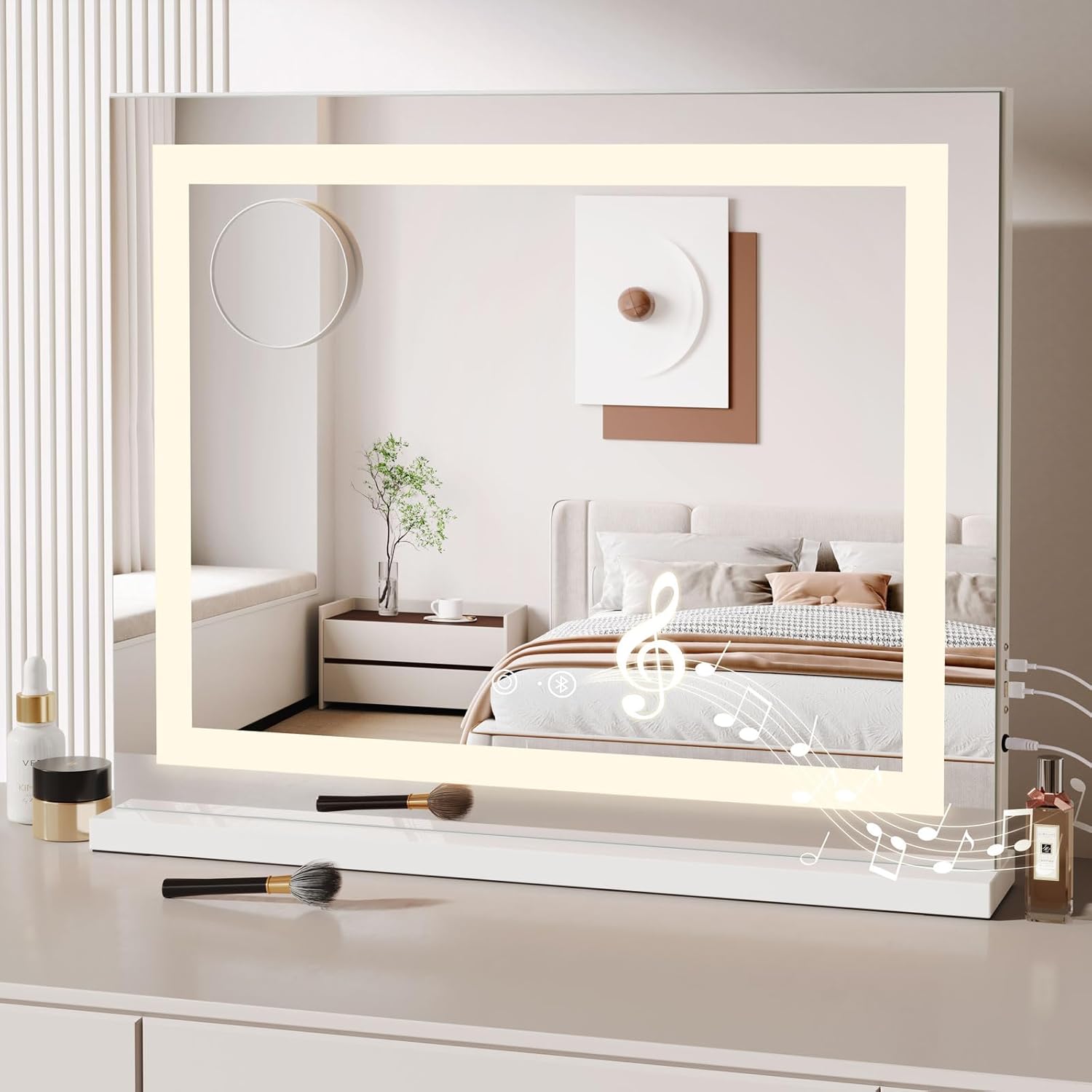 Bluetooth Hollywood Vanity Mirror Light 58 x 48 cm Dimmable LED Makeup Mirror 3 Light Settings USB Type C Outlet Ports Tabletop or Wall Mounted Light Up Vanity Mirror Bedroom