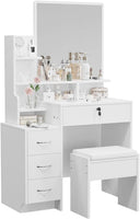 Dripex White Dressing Table with Large Wide Mirror & Soft Stool, Vanity Desk Set with Open Storage Shelves, 4 Wooden Drawers, Makeup Desk, Spacious Storage