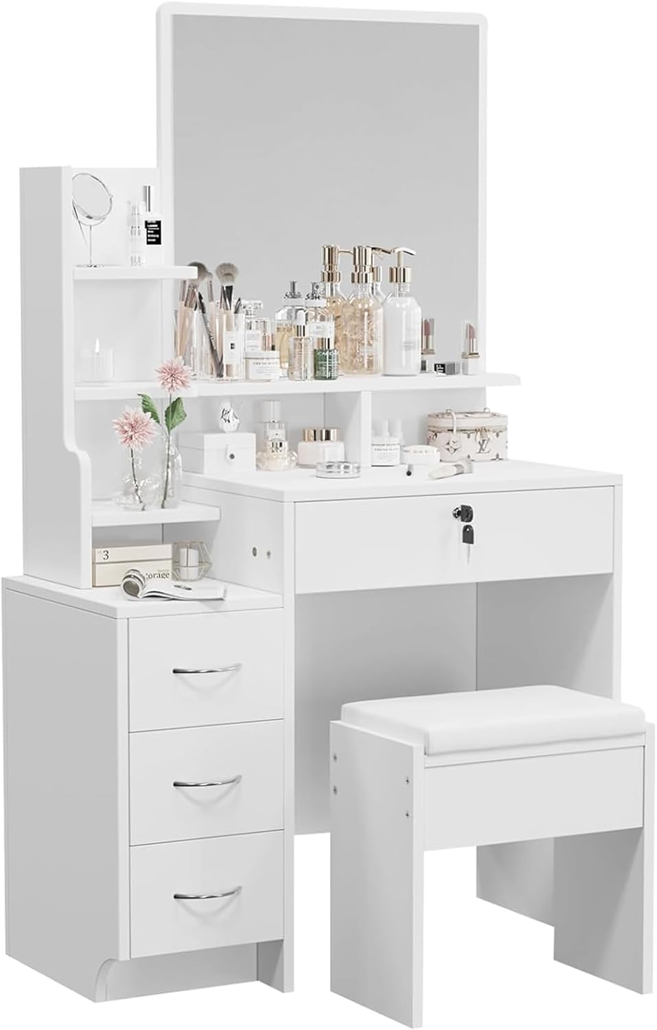 Dressing Table Large Wide Mirror &amp Soft Stool Vanity Desk Set Open Storage Shelves 4 Wooden Drawers Makeup Desk Spacious Storage