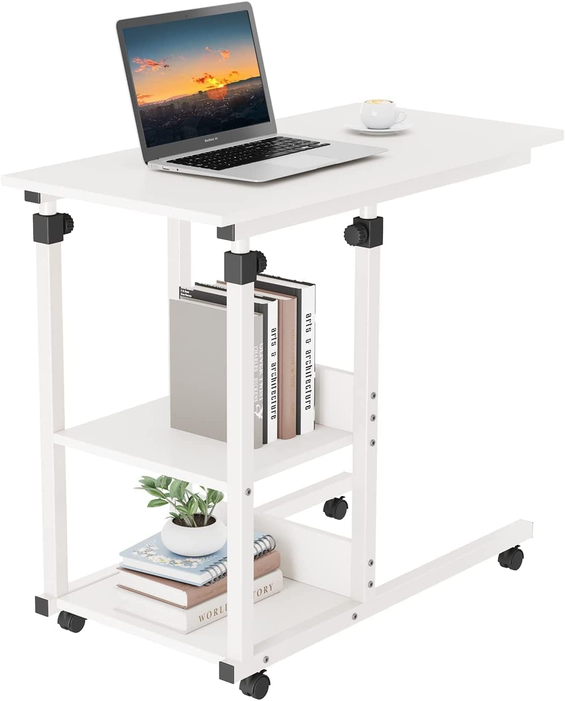 C Shaped Side Table 80 x 40 x 68 89 cm Height Adjustable Overbed table Wheels Sofa Bedside Laptop Table 2 Tiers Storage Shelves Coffee Snack Table Living Room Bedroom