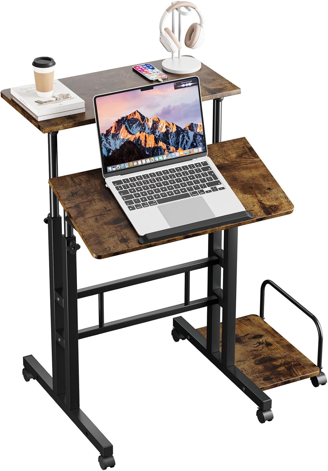 Standing Desk Height Adjustable Rolling Desk Tilting Table Top Sit Stand Workstation Wheels 60 x 60 cm laptop Table Workstation Home Office
