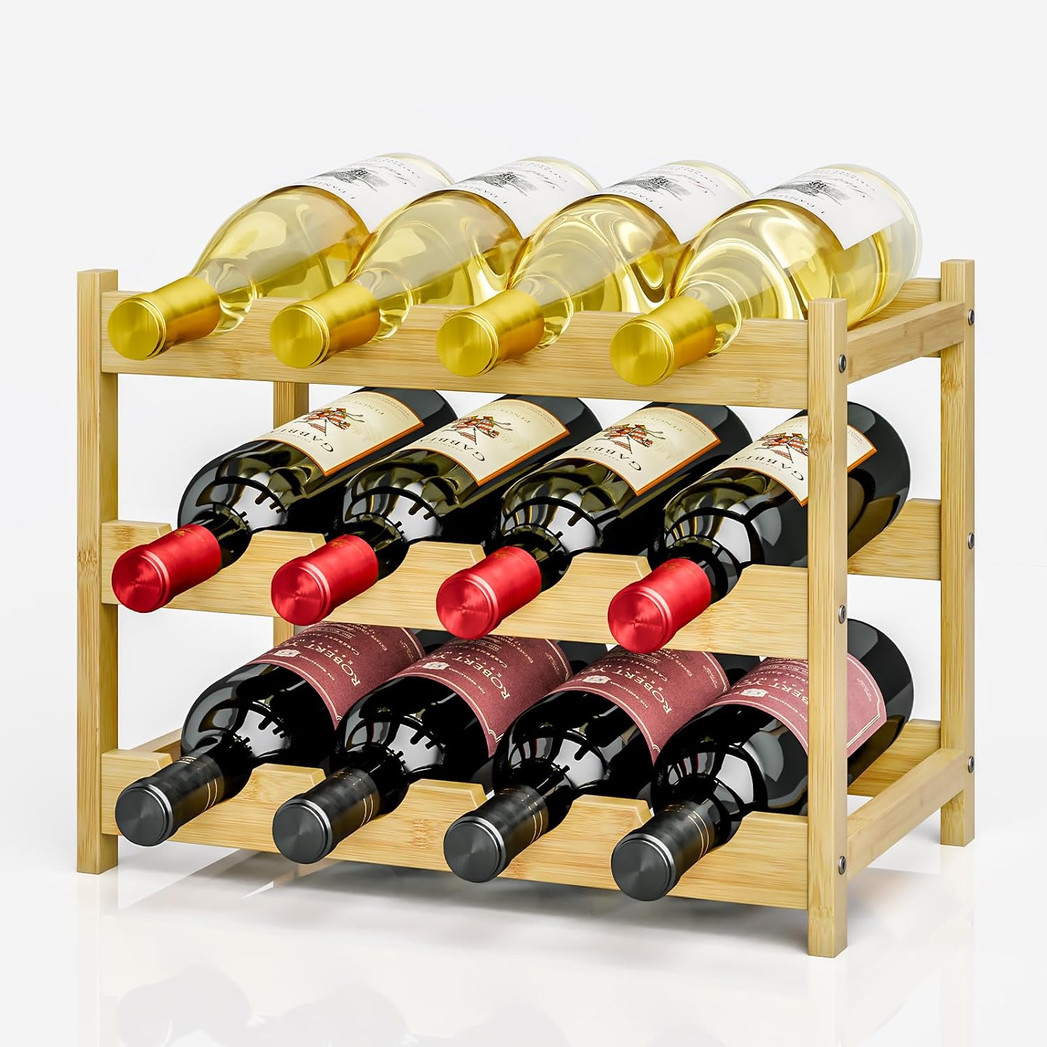 Bamboo Rack 12 Bottles Holder Storage Shelf 3 Tier Small Freestanding Bottle Rack Countertop Kitchen Bar Cellar