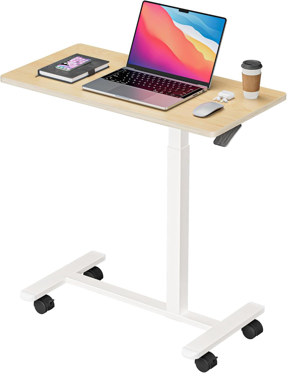 Dripex Pneumatic Height Adjustable Overbed Bedside Table with Wheels, 80 × 40 cm Standing C Shaped Laptop Desk, Small Rolling Bed & Sofa Side Table for Bedroom Living Room