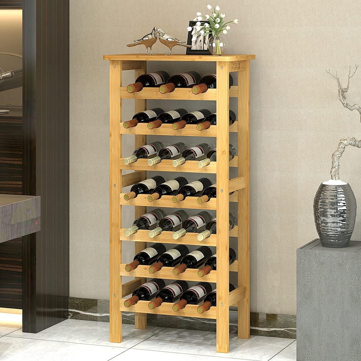 7 Tier Bamboo Rack Free Standing 27 Bottles Holder Display Storage Shelves Table Top Home Kitchen Pantry x 29W x 102Hcm