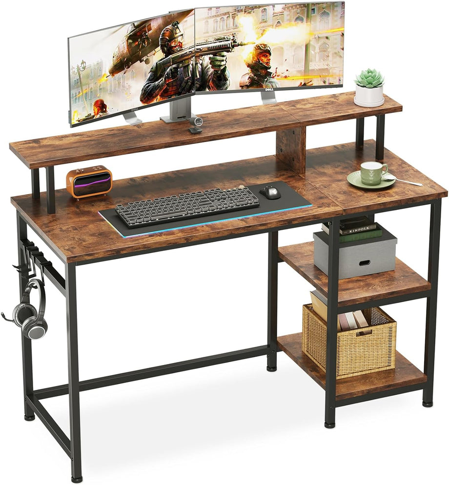 Dripex 107.5 x 48 x 95cm Computer Desk Home Office Desk with Monitor Stand & Storage Shelves Rustic Brown Work Writing Desk Gaming Table for Small Spaces